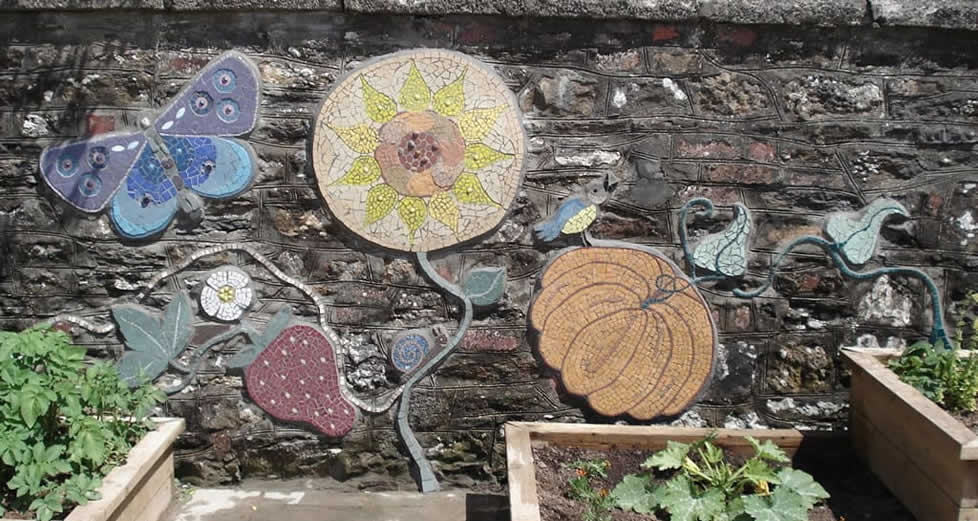 Mosaic pumpkin, sunflower, strawberry, singing bird and snail